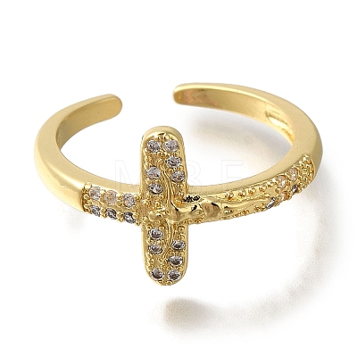 Rack Plating Crucifix Cross Brass Clear Cubic Zirconia Open Cuff Rings RJEW-S411-06G-1