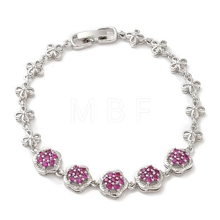 Medium Violet Red Cubic Zirconia Flower Link Bracelet BJEW-M296-03P-1