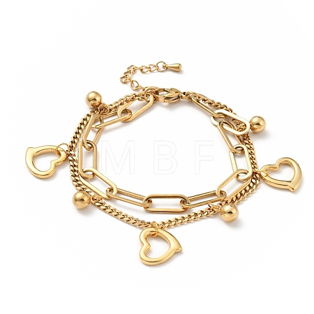 Heart and Round Ball Charm Multi-strand Bracelet BJEW-G639-05G-1