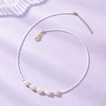 Natural Cultured Freshwater Pearl Two Sides Polished and Glass Seed Beaded Necklaces NJEW-JN05732-1