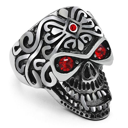 Stainless Steel Skull Finger Ring with Rhinestone SKUL-PW0002-038E-AS-1