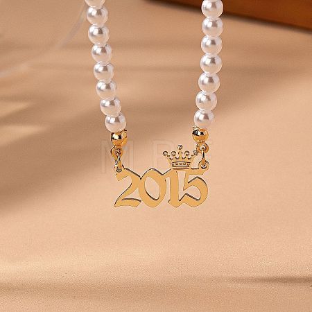 Alloy Crown Birth Year Pendant Imitation Pearl Round White Beaded Necklaces for Women FS-WG173C9-12-1