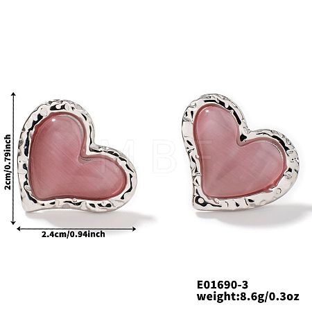 304 Stainless Steel Natural Stone Cat Eye Heart-shaped Stud Earrings GI3370-2-1