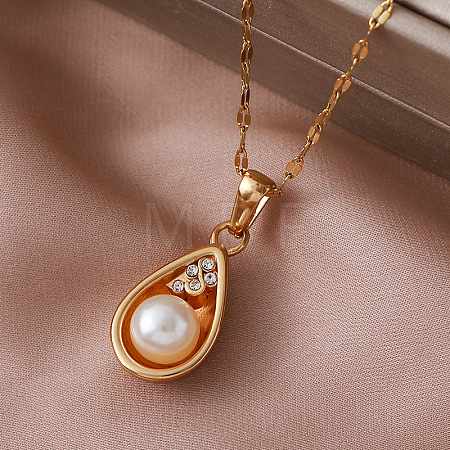 Vintage 304 Stainless Steel & Imitation Pearl Teardrop Pendant Necklaces for Women BR9499-1