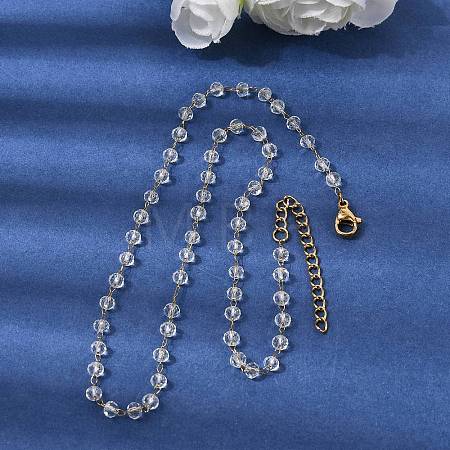 304 Stainless Steel with Glass Faceted Rondelle Bead Handmade Link Chain Birth Stone Necklaces for Women NJEW-G195-01G-12-1