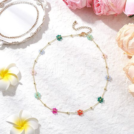 Brass & Glass Colorful Flower Link Chain Necklaces for Women NJEW-JN05454-1