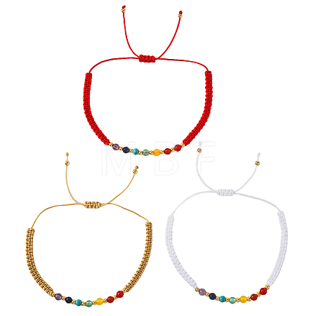 3Pcs Adjustable Chakra Natural & Synthetic Mixed Stone Round Bead Braided Bracelet Sets ZZ4943-4-1