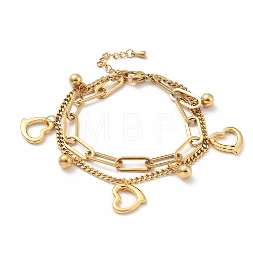 Heart and Round Ball Charm Multi-strand Bracelet BJEW-G639-05G-1