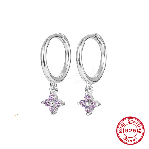 Anti-Tarnish Rhodium Plated Platinum 925 Sterling Silver Flower Dangle Hoop Earrings IN9619-03-1