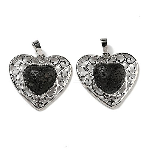 Natural Lava Rock Peach Love Heart Pendants G-G158-01Q-1