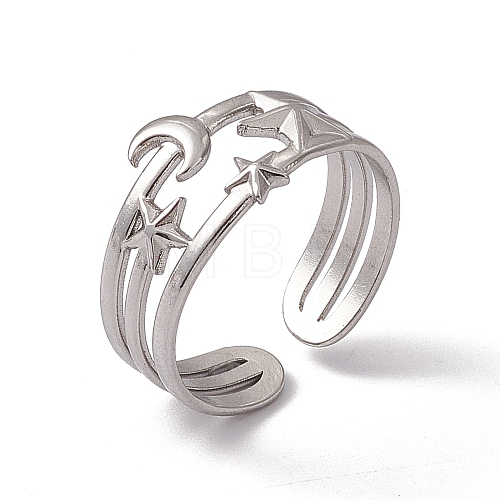 Non-Tarnish 304 Stainless Steel Star & Moon Open Cuff Ring for Women RJEW-C045-13P-1