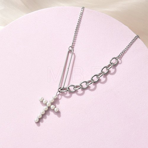 304 Stainless Steel & ABS Plastic Imitation Pearl Cross Pendant Necklaces NJEW-S442-09P-1