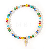 Natural Stone and Glass Faceted Rondelle Beaded Stretch Bracelets with Brass Religion Cross Charms for Women KR8721-6-3