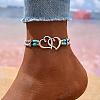 Glass Seed Beads & Alloy Heart Link Anklets WGBE152-03-2