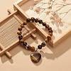 Natural Tiger Eye Round Beaded Stretch Bracelet with Heart Charm BJEW-JB09019-04-2