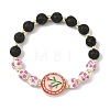 2Pcs 2 Colors Handmade Printed Porcelain Floral Flat Round & Round Natural Lava Rock Beaded Stretch Bracelet Sets BJEW-JB14186-4
