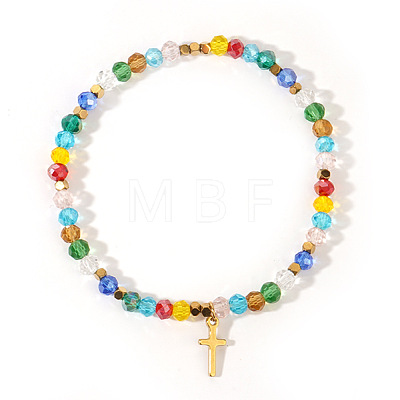 Natural Stone and Glass Faceted Rondelle Beaded Stretch Bracelets with Brass Religion Cross Charms for Women KR8721-6-1