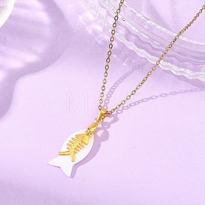 Ocean Natural Shell Fish and Alloy Fish Bone Pendant 304 Stainless Steel Cable Chain Necklaces for Women NJEW-JN06191-1