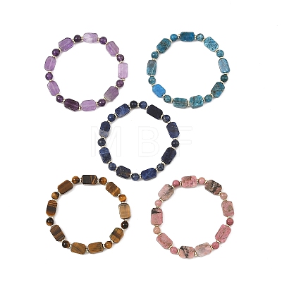 Natural Mixed Stone Rectangle and Round Beaded Stretch Bracelets BJEW-JB14493-1