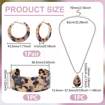 Teardrop Leopard Print Plastic Pendant Necklace & Hoop Earring & Cuff Bangle for Women SJEW-WH0006-10-1