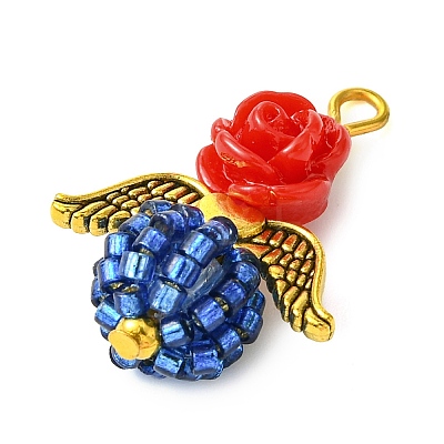 Red Rose Flower Resin & Glass Seed Beads Pendants PALLOY-MZ00289-01-1