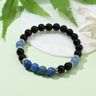 Natural Blue Aventurine & Black Onyx Round Beaded Stretch Bracelet BJEW-TA00427-02-1