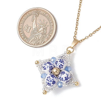 Handmade Flower Printed Porcelain Ceramic Beaded Star Pendant 304 Stainless Steel Chain Necklaces NJEW-MZ00143-1