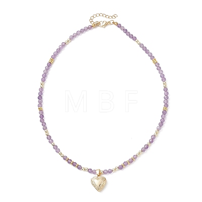 3Pcs 3 Styles Brass Heart Locket Pendant Faceted Round  Natural Amethyst & Rose Quartz & Dyed Agate Beaded Necklaces NJEW-JN05737-1