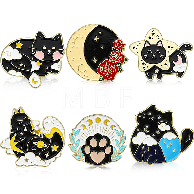6Pcs 6 Style Cat with Moon & Star Enamel Pin JEWB-CA0001-18-1