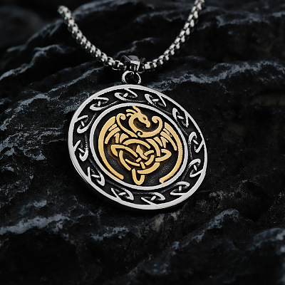 Vintage Two Tone 304 Stainless Steel Viking Duo Dragon Coin Pendant Necklaces for Men WGF65AB-02-1