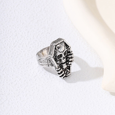 Tibetan Style Alloy Coffin with Skull Finger Rings PW-WG44667-01-1