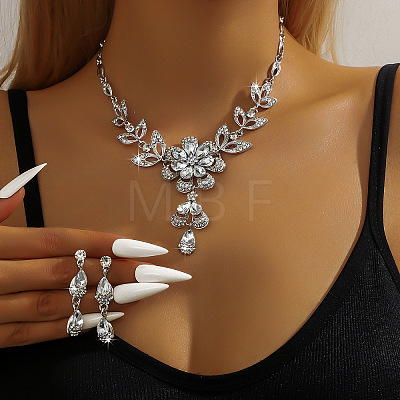 Flower Alloy Rhinestone Pendant Necklaces & Teardrop Stud Dangle Earrings Sets FS-WG19EE6-01-1