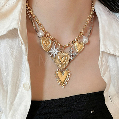 Alloy Rhinestone & Iron Heart Pendant Double Layer Necklaces for Women WG7EE33-01-1