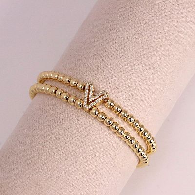 Brass Micro Pave Clear Cubic Zirconia Beads Double Strands Stretch Bracelets for Women FS-WGC7159-22-1