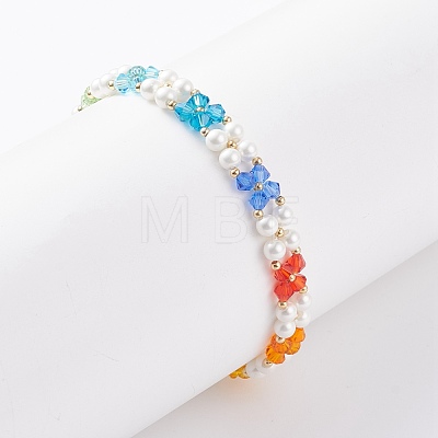 Shell Pearl & Glass Braided Flower Beaded Bracelet BJEW-TA00087-1