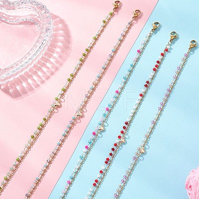 Bohemian Handmade Faceted Rondelle Glass Beaded Chains & 304 Stainless Steel Cable Chain 2-Strand Anklets for Women AJEW-AN00780-1