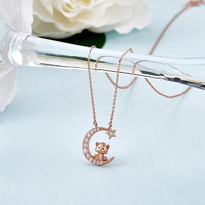 Chinese Zodiac Necklace Tiger Necklace 925 Sterling Silver Rose Gold Tiger on the Moon Pendant Charm Necklace Zircon Moon and Star Necklace Cute Animal Jewelry Gifts for Women JN1090C-1