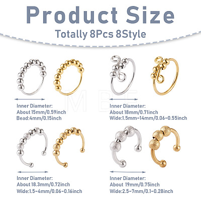 8Pcs 8 Style Brass Rotating Beaded Cuff Rings RJEW-SW0001-01-1