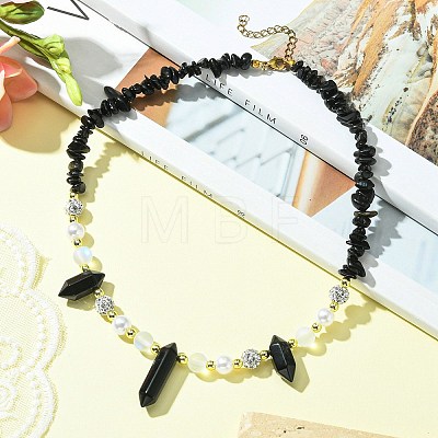 Natural Obsidian Bullet & Synthetic Moonstone Beaded Necklaces NJEW-JN04406-01-1