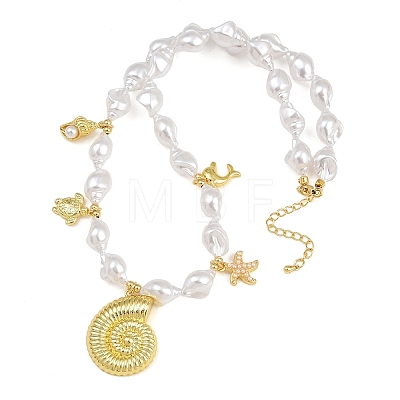 Ocean Brass Conch Shell Dolphin Turtle Pendant White ABS Plastic Imitation Keshi Pearl Beaded Necklaces KK-CBA4547-02G-1