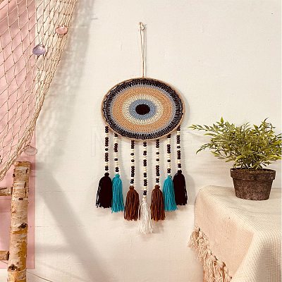 Round Woven Net/Web with Feather Pendant Decoration HJEW-H062-01B-01-1