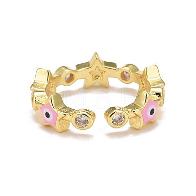 Enamel Star with Evil Eye Open Cuff Ring with Cubic Zirconia RJEW-G251-01G-1