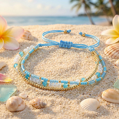 Beachy Style Brass & Glass & Seed Beaded Multi-Layer Bracelets BK3958-1-1