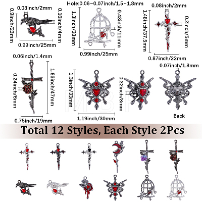 24Pcs 12 Styles Gothic Alloy Rhinestone/Acrylic/Enamel Pendants Sets FIND-SC0023-29-1
