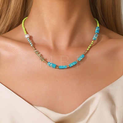 Bohemian Cuboid Dyed Natural Imperial Jasper & Synthetic Turquoise & Imitation Pearl & Glass Seed Beaded Necklaces TE0574-1-1