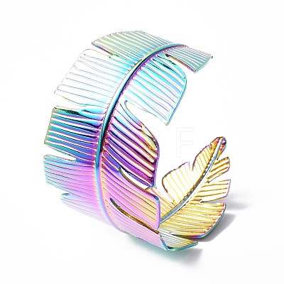 Ion Plating(IP) 304 Stainless Steel Feather Open Cuff Bangle for Women BJEW-F442-01MC-1