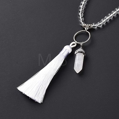 Natural Quartz Crystal Bullet & Tassel Pendant Necklace with Mixed Gemstone Beaded Chains NJEW-E585-02G-1