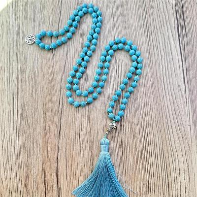 Dyed Synthetic Turquoise Mala Prayer Round Beaded Wrap Necklaces with Long Tassel and Metal Tree of Life FS-WG93CBE-03-1