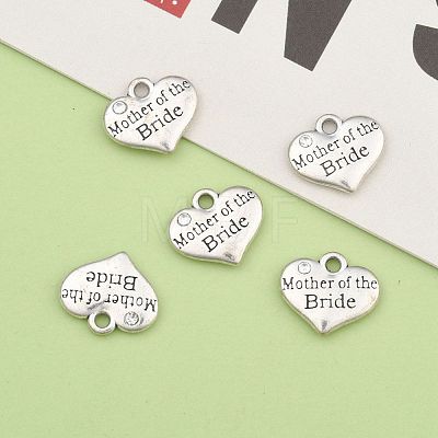 Wedding Theme Antique Silver Tone Tibetan Style Alloy Heart with Mother of the Bride Rhinestone Charms TIBEP-N005-18B-1