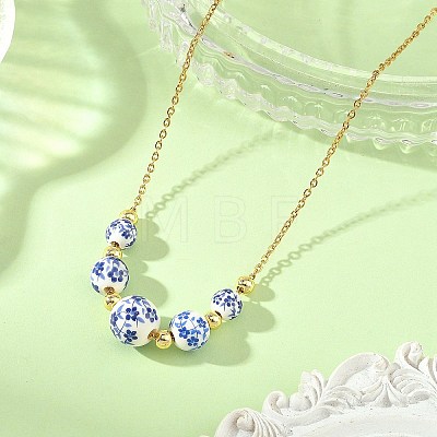 Floral Printed Round Handmade Porcelain Graduated Beaded Necklaces NJEW-JN06439-1